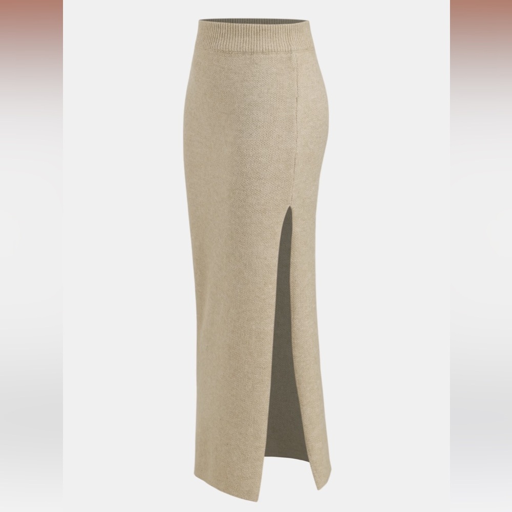 NEW Cupshe x JoJo Khaki Split Hem Maxi Sweater Skirt - Picture 2 of 15